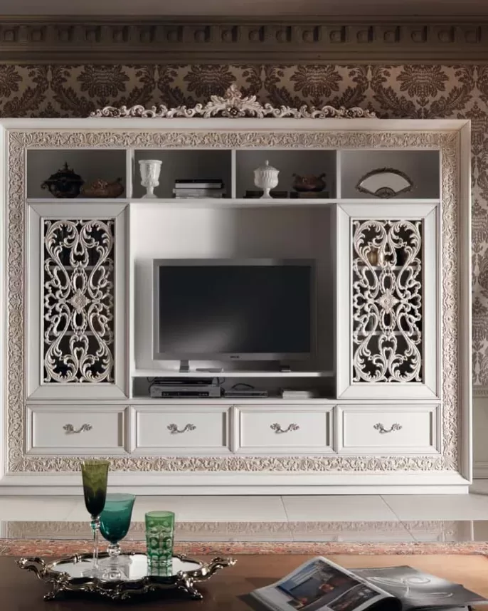 Gran Guardia Carved Wall Unit with Pierced Doors, TV Opening by Francesco Pasi, Gran Guardia collection