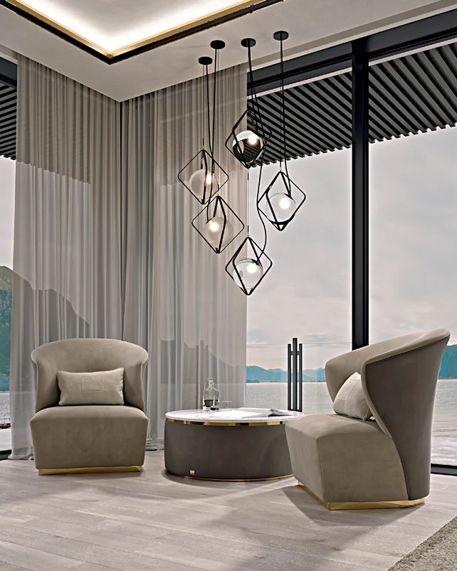 Icon Upholstered Round Coffee Table by Francesco Pasi, coffee table before a sofa console table