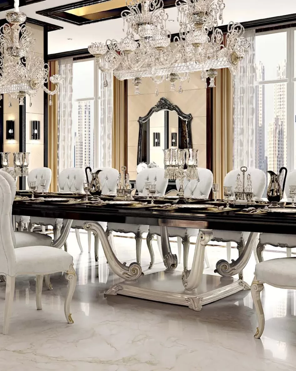 Opera Carved Extendable Rectangular Table by Francesco Pasi, long dining table closed at 500 cm