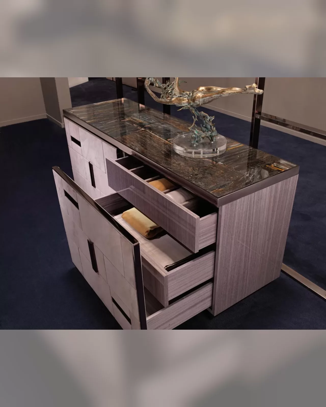 Cromo Dresser, modern dresser for the bedroom with padded fronts