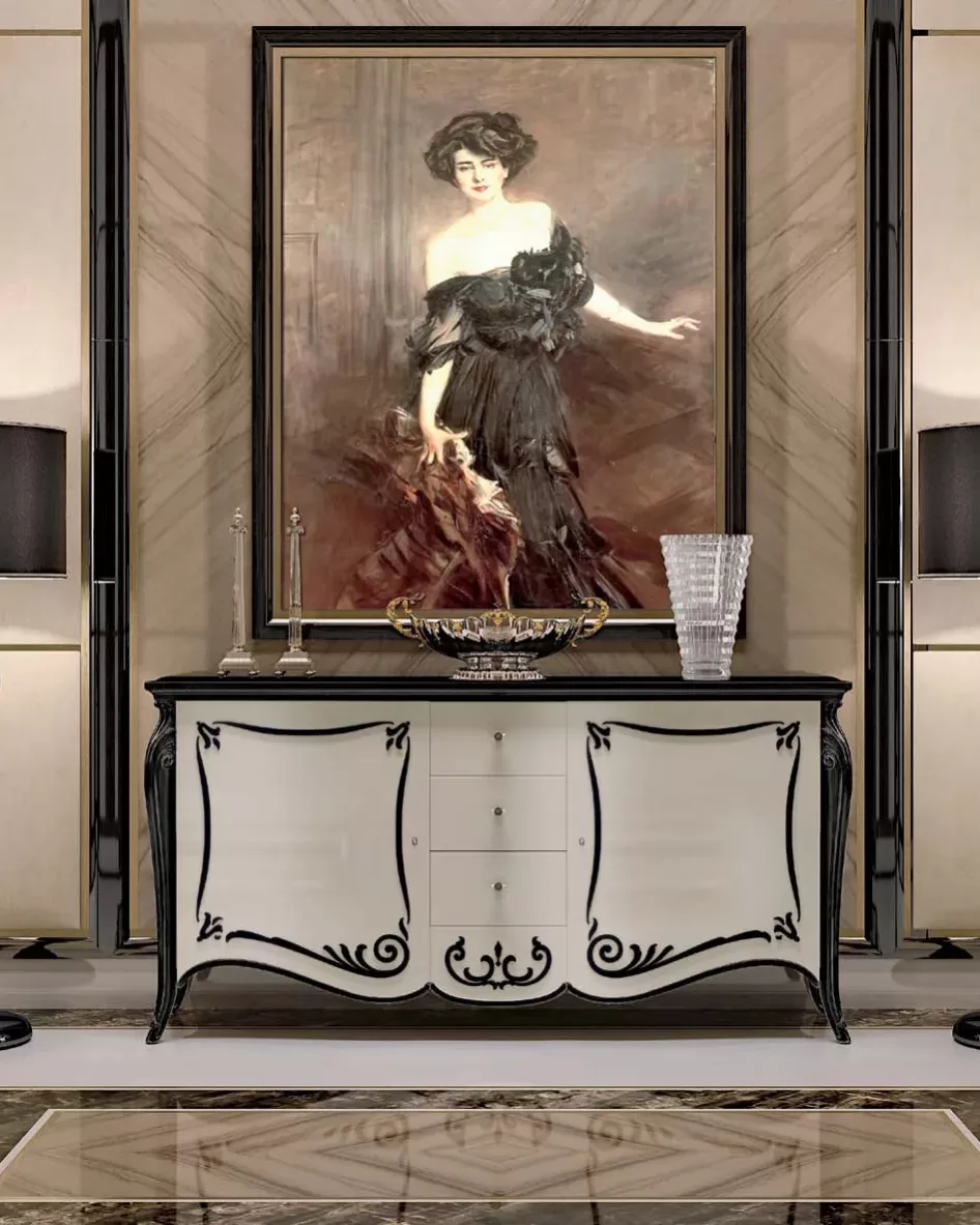 Opera Shaped Sideboard, Carved "B" Decoration, 2 Doors 3 Drawers by Francesco Pasi, sideboard specified by doors and drawers