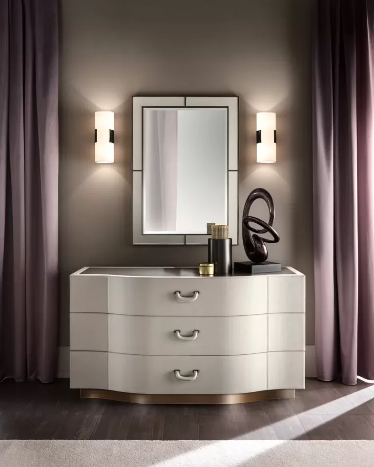 Valentino chest of drawers by Cantori covered in saffiano leather, 145 cm wide, for an exclusive bedroom set