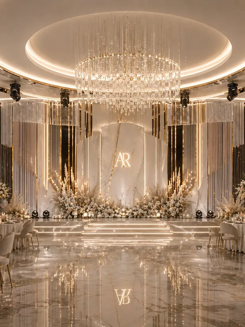 Event hall with a large crystal chandelier, floral stage arrangement and a marble backdrop
