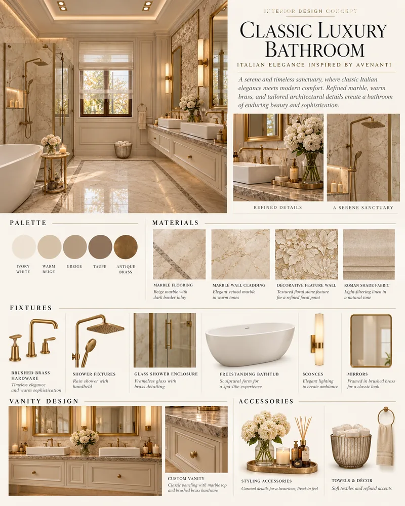 Classic bathroom board with marble cladding, floral stone feature wall, brass fixtures, freestanding tub and vanity