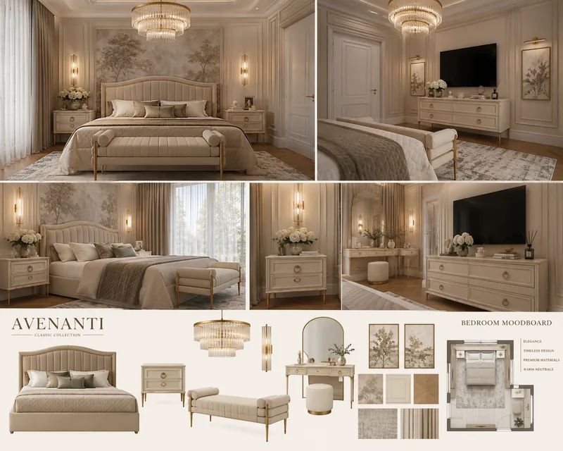 Bedroom moodboard in ivory tones with upholstered bed, bench, dresser, vanity, crystal chandelier and floor plan