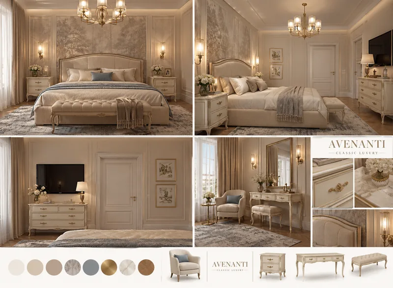 Bedroom moodboard collage with landscape mural wall, upholstered bed, bench, vanity with mirror and colour swatches