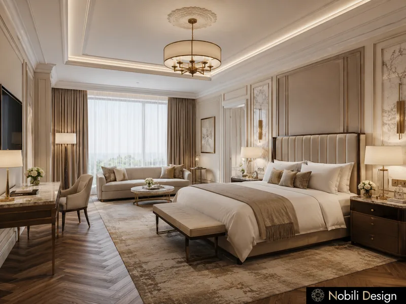 Classic hotel room design with tall windows, upholstered headboard and herringbone oak floor