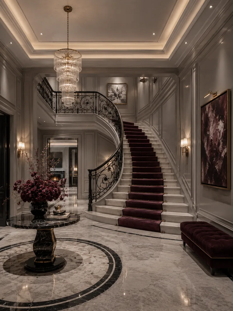 Classic entrance hall with curved staircase, burgundy stair runner, marble floor and crystal chandelier