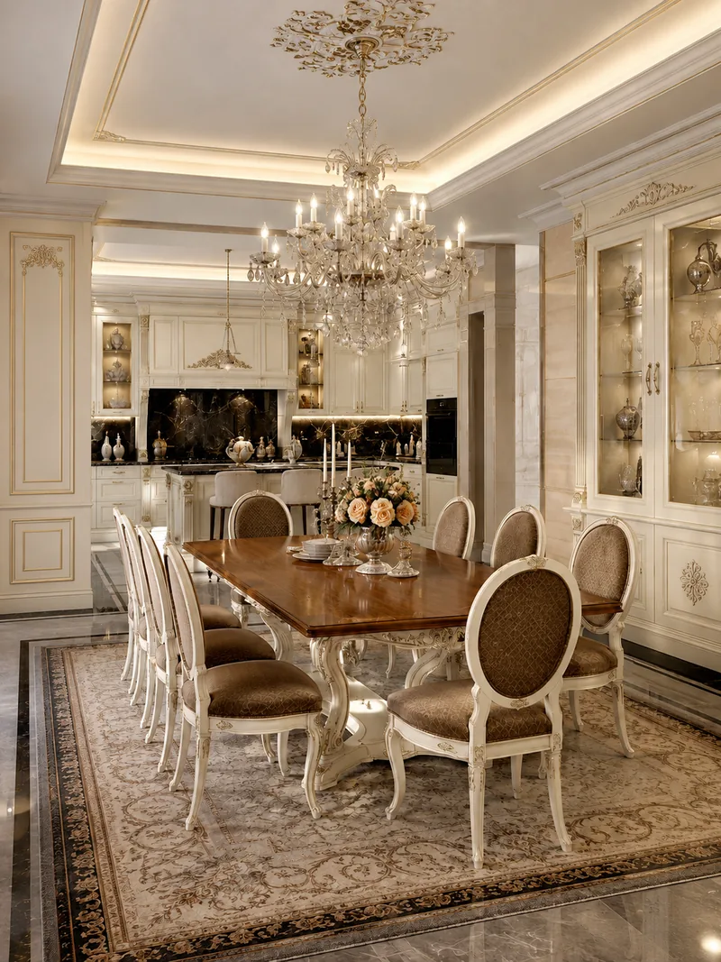 Classic dining room with walnut table, oval-back chairs and glass display cabinets in ivory