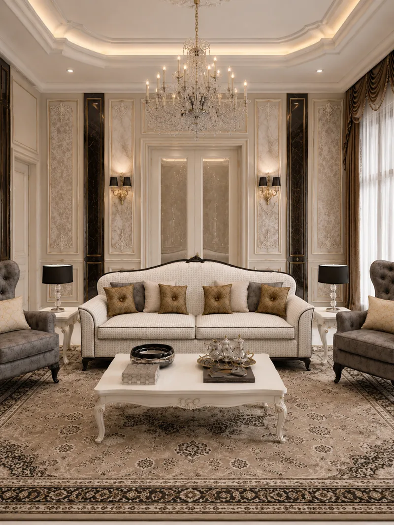 Classic living room with ivory sofa, black marble pilasters, carved coffee table and chandelier