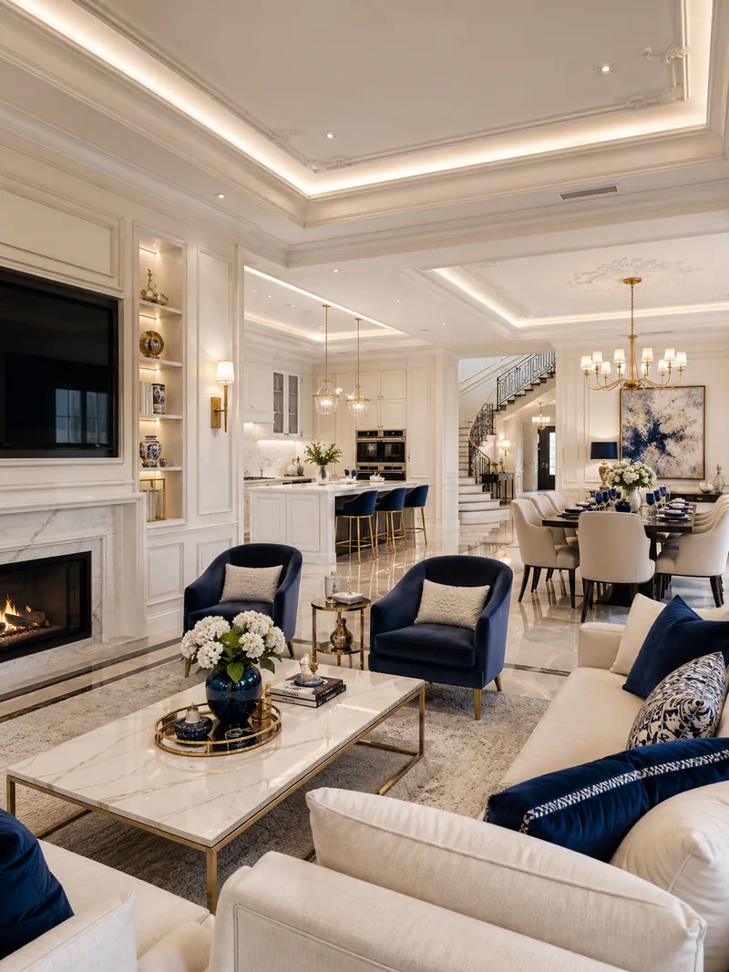 Classic living room with fireplace, navy armchairs, ivory sofas and kitchen and dining beyond