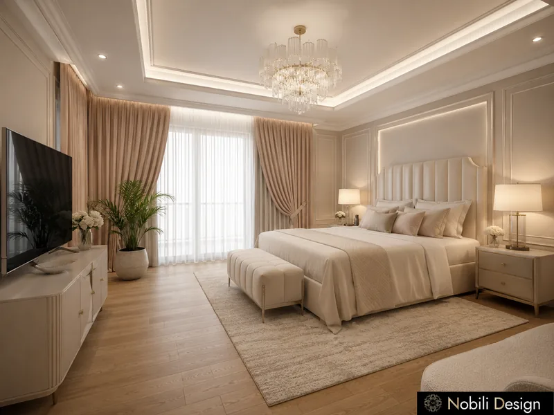 Classic master bedroom with channel-tufted ivory headboard, upholstered bench and crystal chandelier