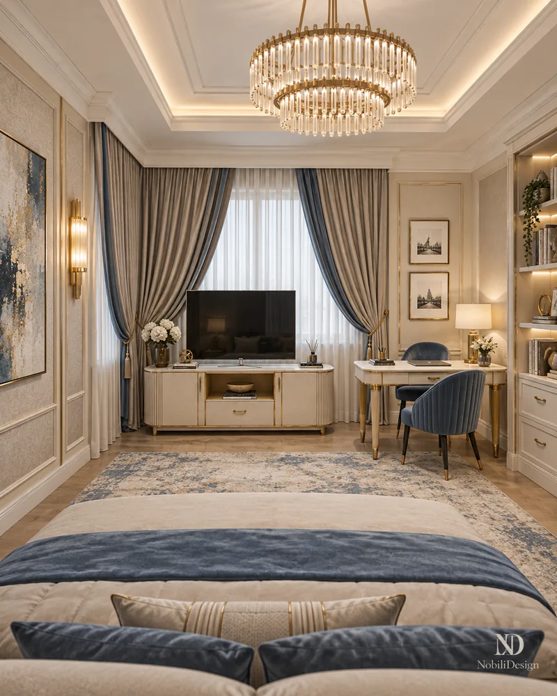Child's bedroom with cream TV console, desk with blue velvet chair, crystal chandelier and blue patterned rug