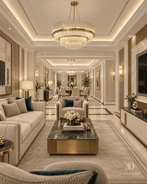 Living room with cream sofas, dark marble coffee table on fluted brass base and view to the dining area