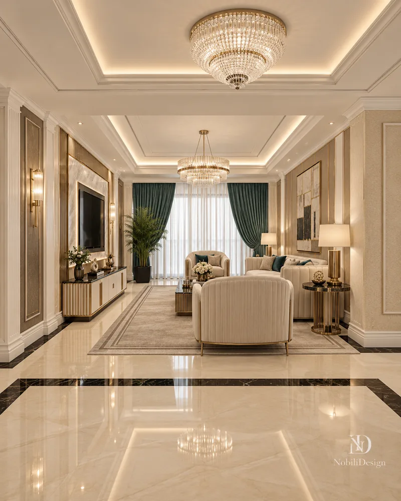 Living room with crystal chandeliers, emerald velvet curtains, cream armchairs and inlaid marble floor