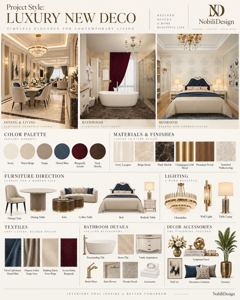 Style board with dining, bathroom and bedroom references, muted blue and burgundy palette and finishes