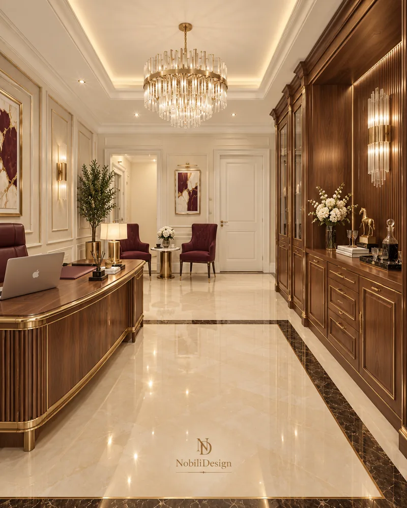 Home office with curved walnut desk with gold trim, glass-front walnut cabinets, crystal chandelier and marble floor