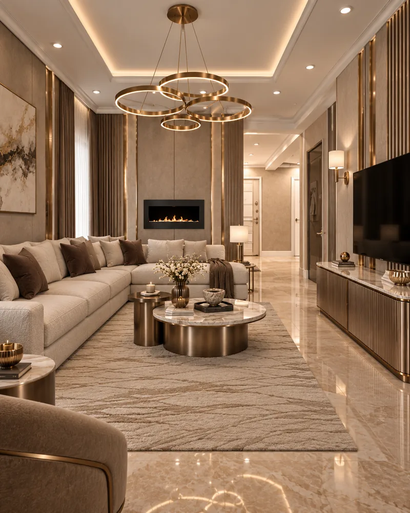 Living room with an ivory sectional sofa, linear fireplace and bronze drum tables, designer furniture in taupe