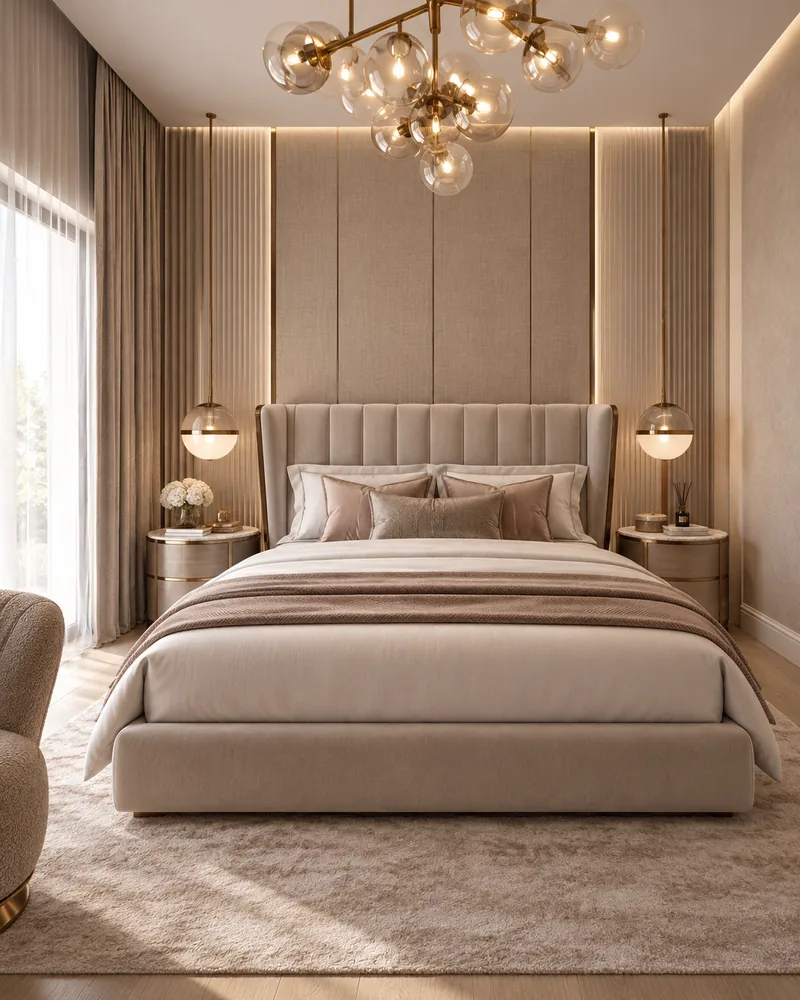 Master bedroom with a channel-tufted bed and linen wall panels with brass strips, luxury interior designer concept