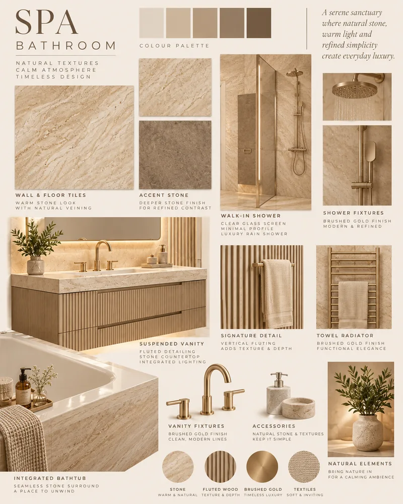 Spa bathroom board with stone wall tiles, walk-in shower, suspended fluted vanity, towel radiator and gold fixtures