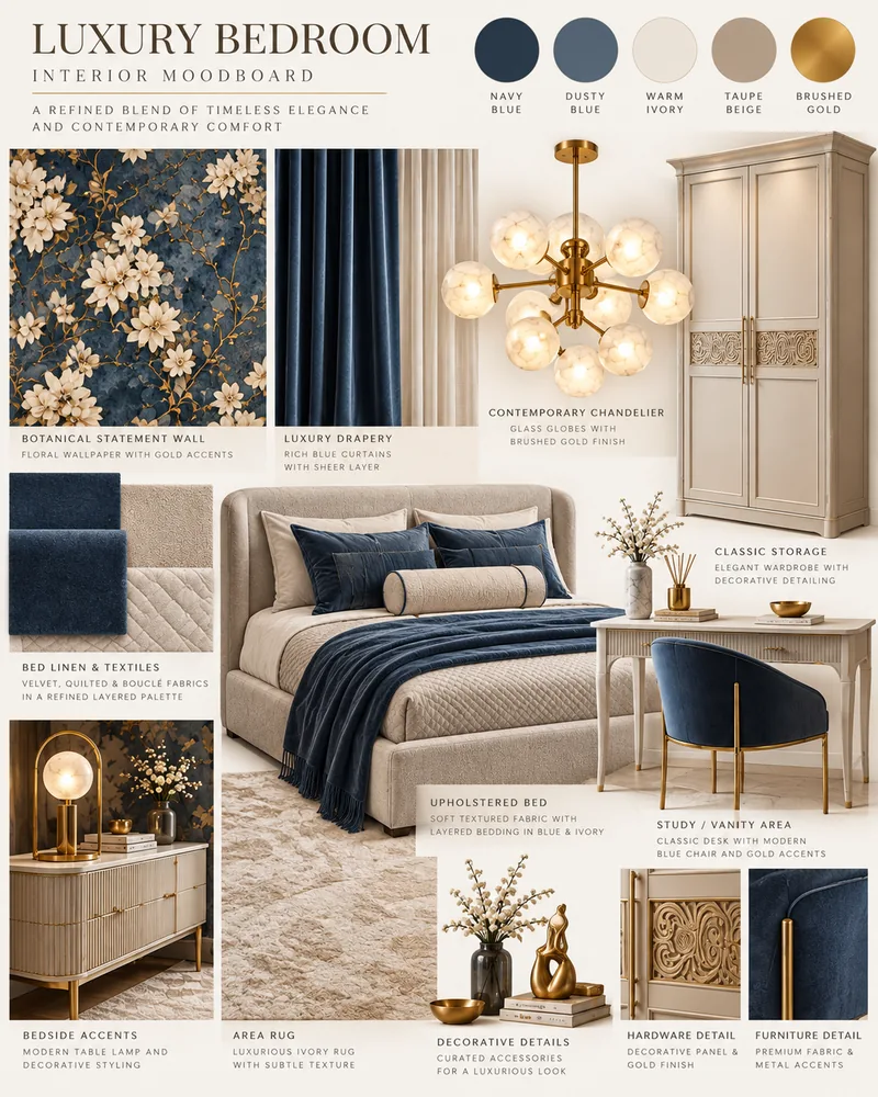 Bedroom moodboard with navy floral wallpaper, blue velvet drapery, globe chandelier, carved wardrobe and study desk