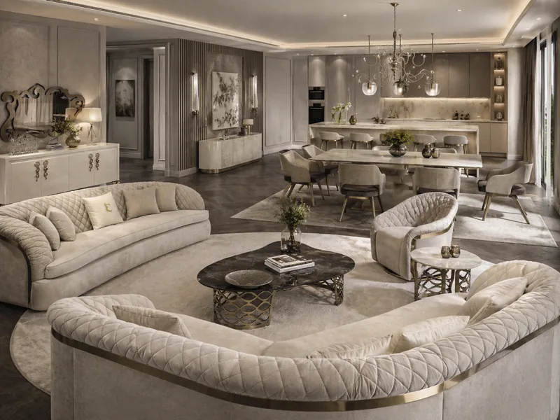 Open-plan living, dining and kitchen with curved cream sofas and a crystal chandelier