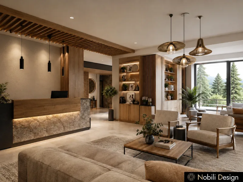 Mountain guesthouse reception with timber ceiling, stone-clad desk, lit shelving and a lounge facing the pines