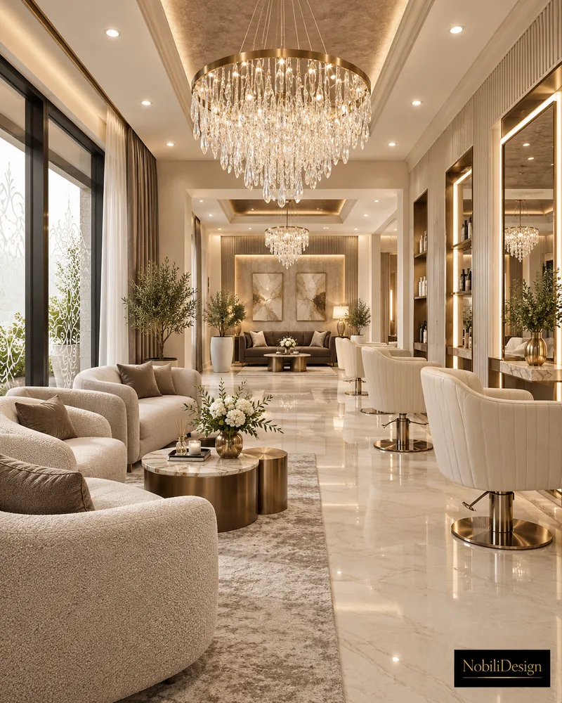 Hair salon with bouclé lounge seating, channel-tufted styling chairs, cascading crystal chandelier and lit mirror stations