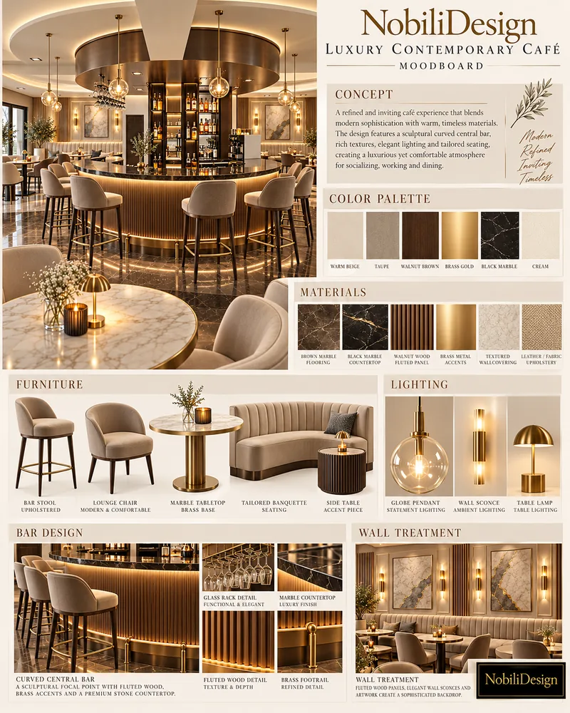 Cafe moodboard with curved central bar, walnut fluting, black and brown marble, globe pendants and banquette seating