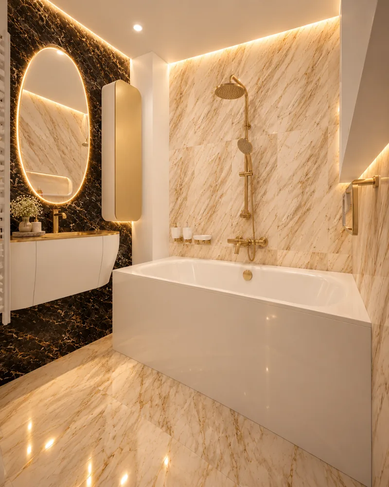 Modern bathroom with oval backlit mirror on black marble, curved white floating vanity and panelled tub