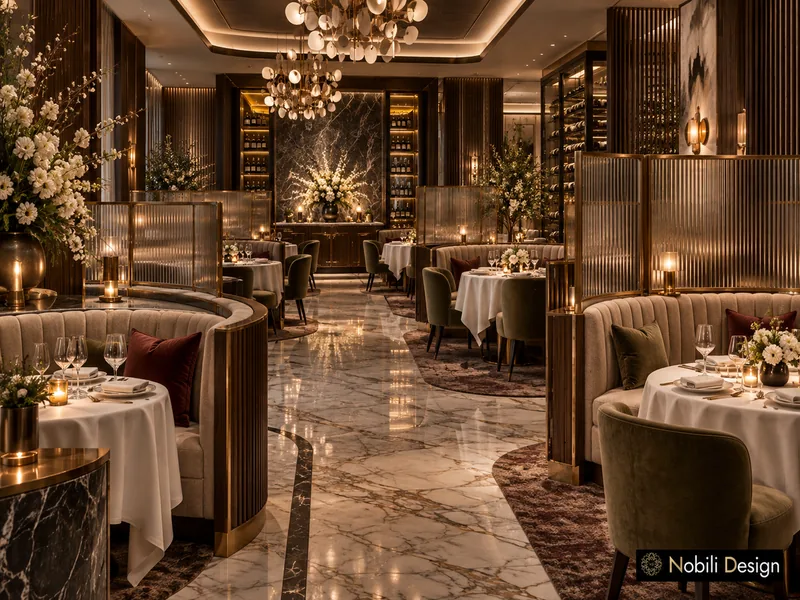 Modern restaurant interior design with curved booths, fluted glass screens and brass chandeliers