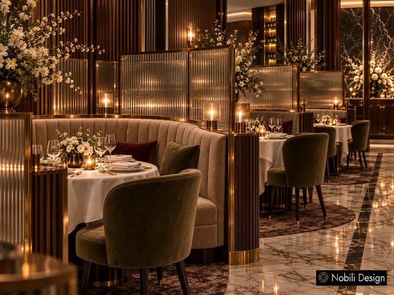Fine dining restaurant booth design behind a fluted glass screen, with olive velvet chair