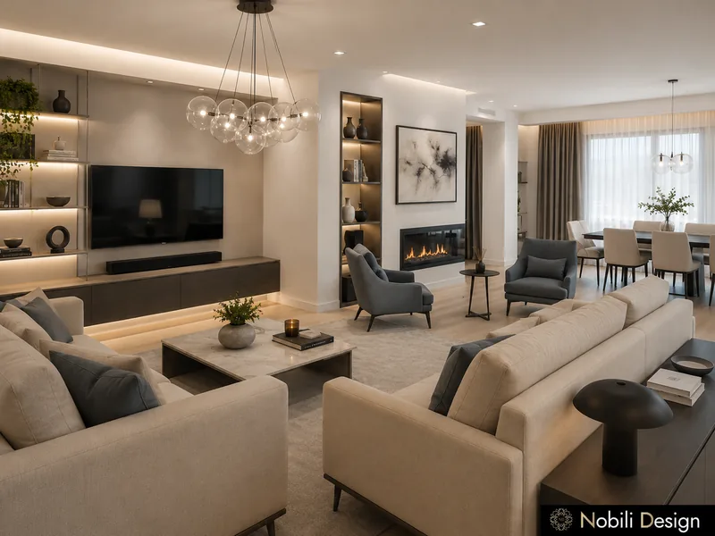 Modern living room with linear fireplace, grey armchairs, cream sofas and a dining area beyond