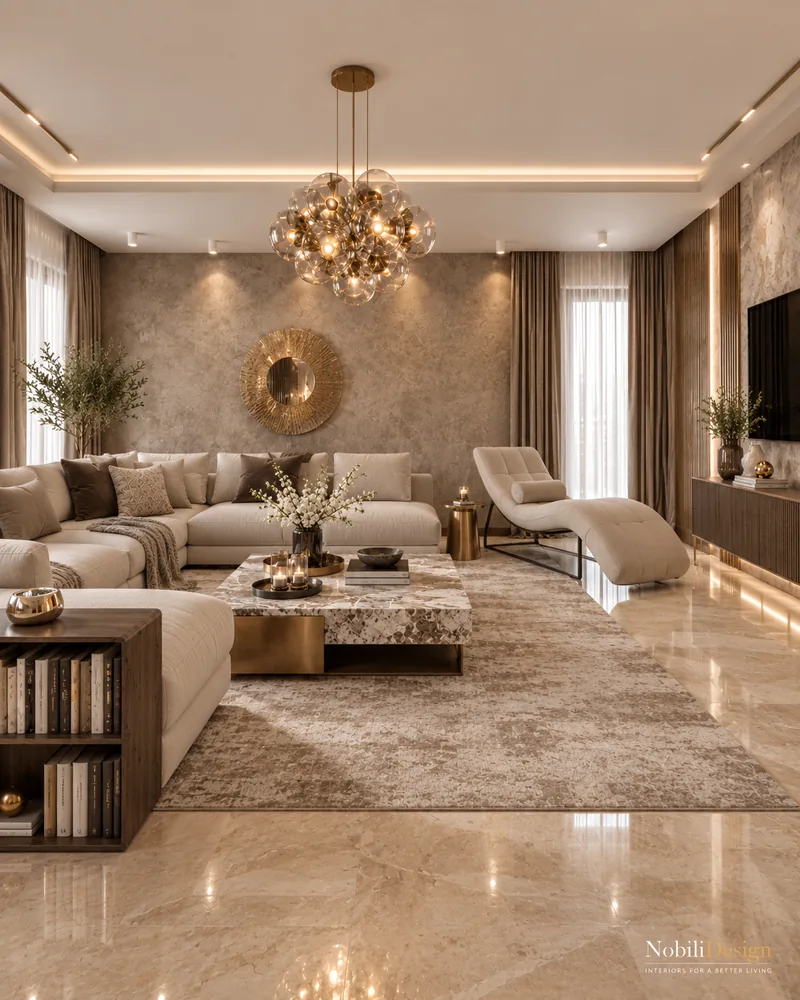 Modern living room with a cream sectional sofa and bubble glass chandelier, designer furniture for the living room