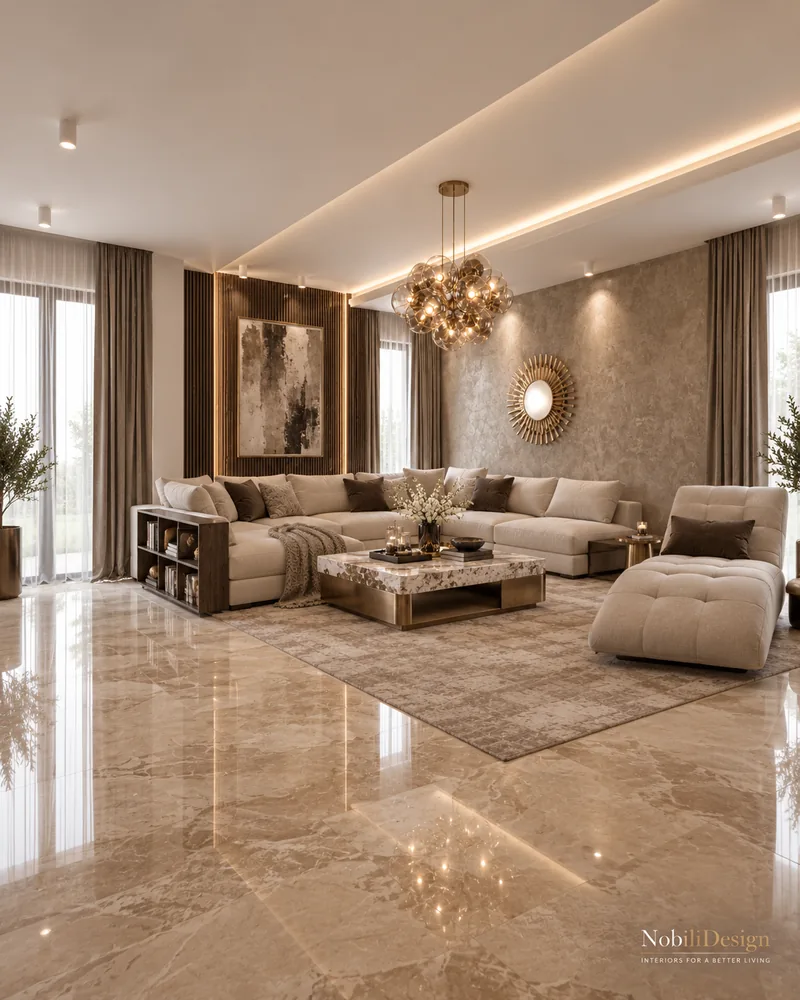 Modern living room with wide cream sectional, tufted chaise and a fluted walnut panel with art