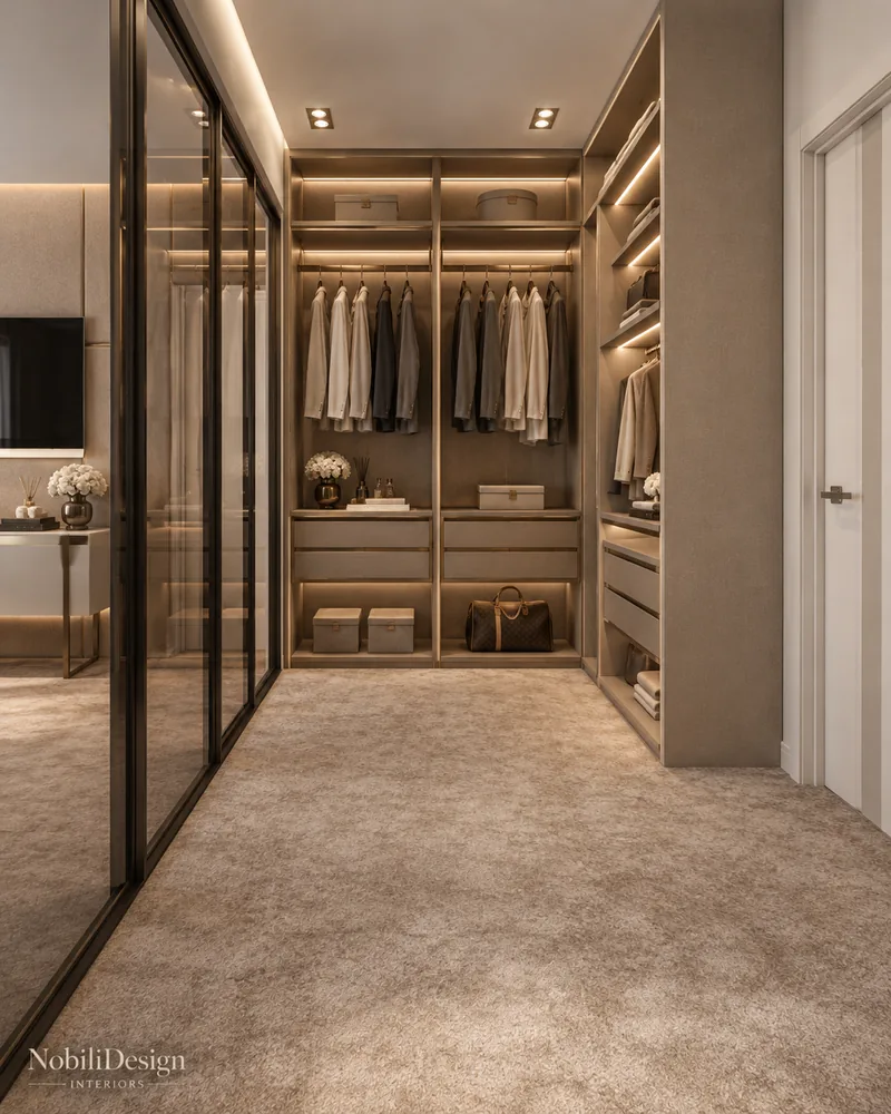 Modern walk-in closet with lit hanging rails, drawers and a black-framed glass partition to the bedroom