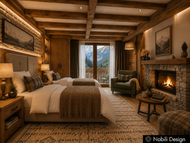 Hotel room interior design with timber beams, stone fireplace and a balcony to the mountains