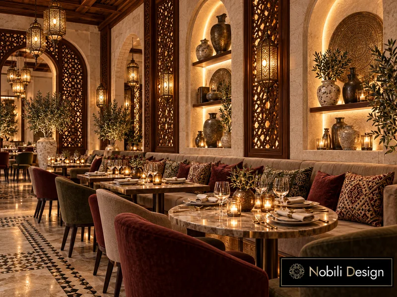 Restaurant seating design idea: long banquette with kilim cushions, velvet chairs, marble tables