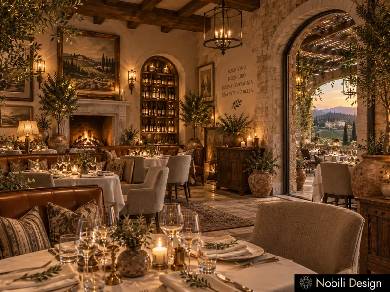 Restaurant dining room design with a stone fireplace, arched wine niche and candlelit tables