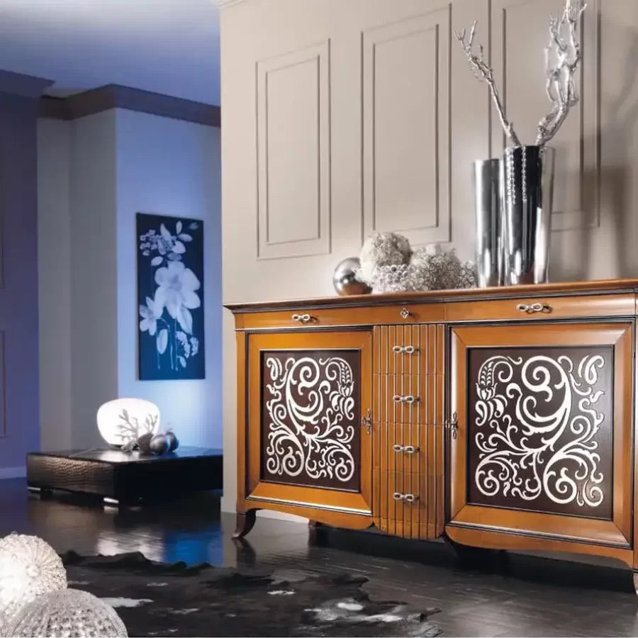 New Deco Sideboard with Silver Leaf Panels by Francesco Pasi, Italian sideboard, 212 cm wide