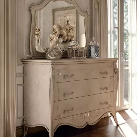 Opera Shaped Chest of Drawers, 3 Drawers, Carved "B" Decoration