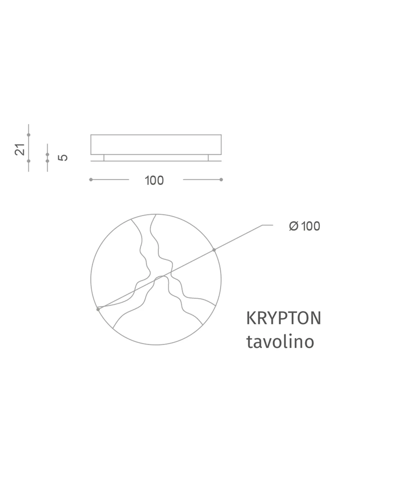 Tavolino Krypton di Epoque, collezione Exence, disegno tecnico del tavolino con dimensioni, foto 3 di 3