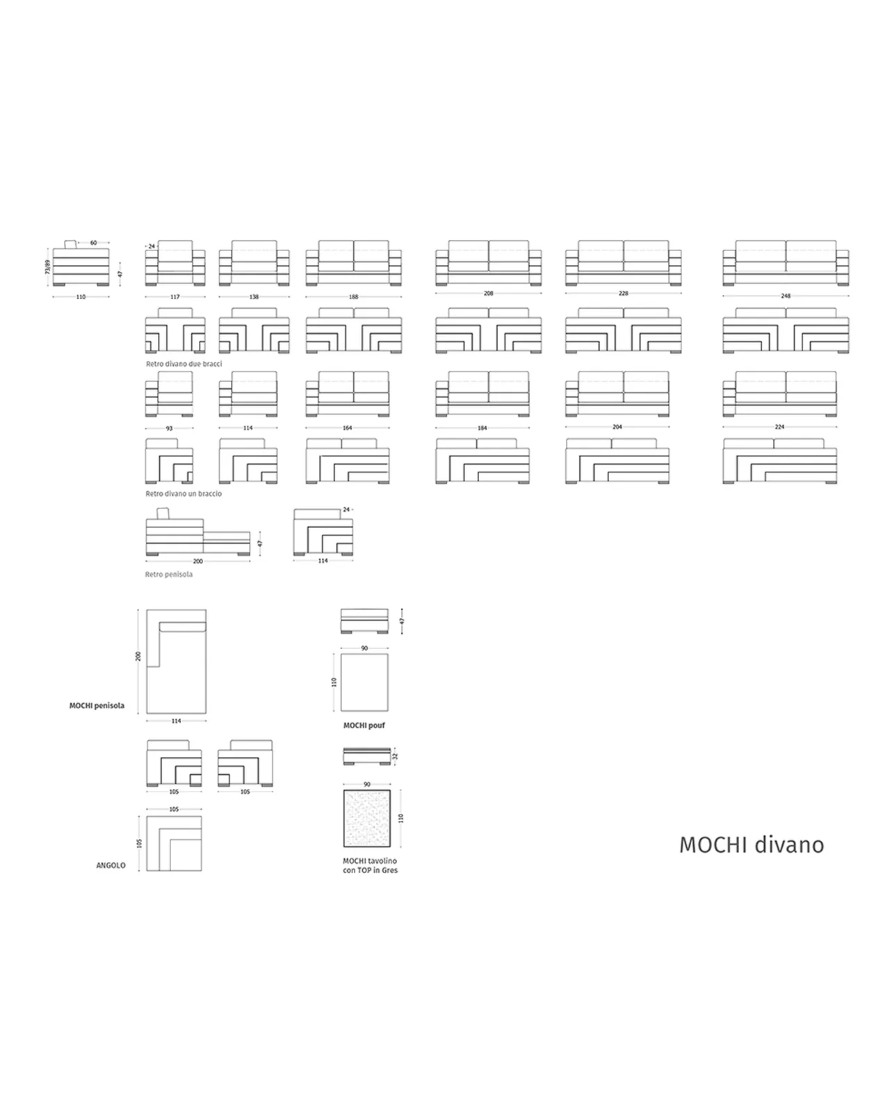 Mochi Sofa by Epoque, Exence collection, sofa technical drawing with dimensions, photo 4 of 4