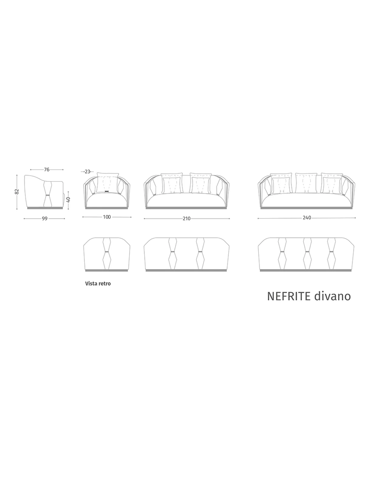 Divano Nefrite di Epoque, collezione Exence, disegno tecnico del divano con dimensioni, foto 4 di 4