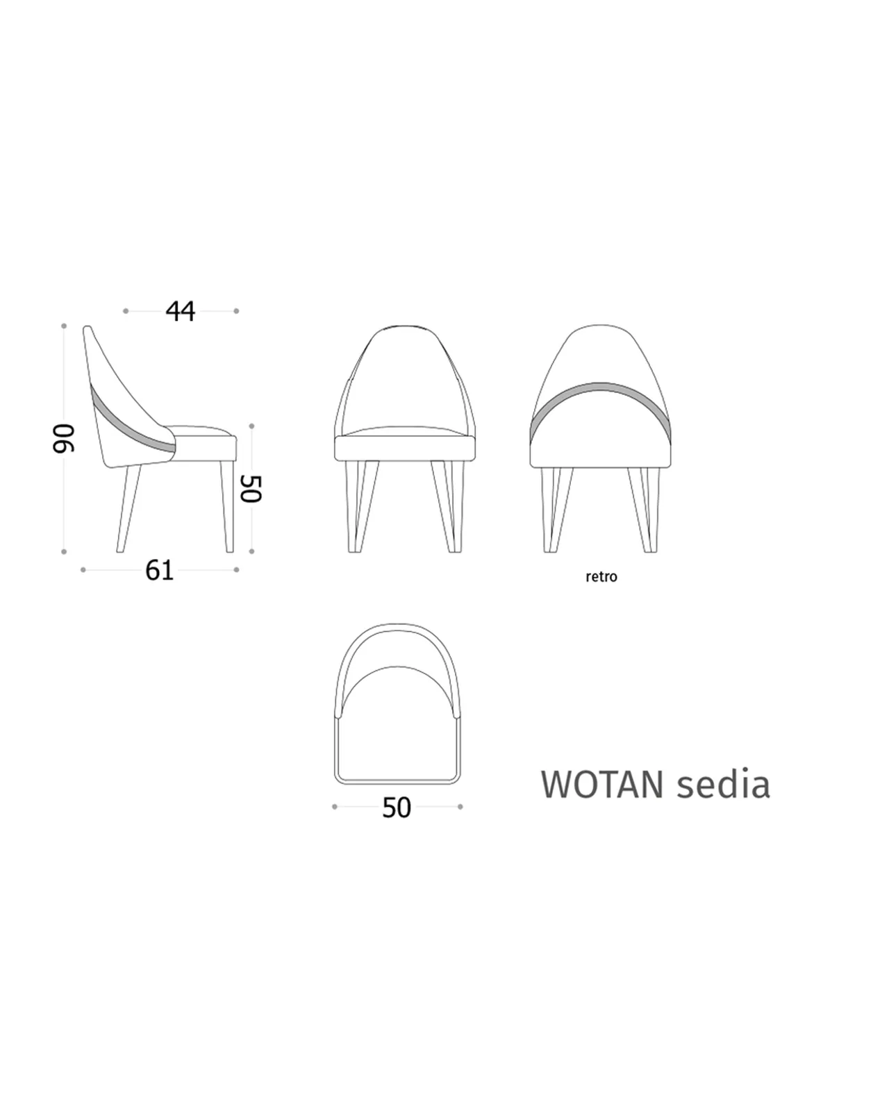 Wotan Dining Chair by Epoque, Exence collection, dining chair technical drawing with dimensions, photo 4 of 4