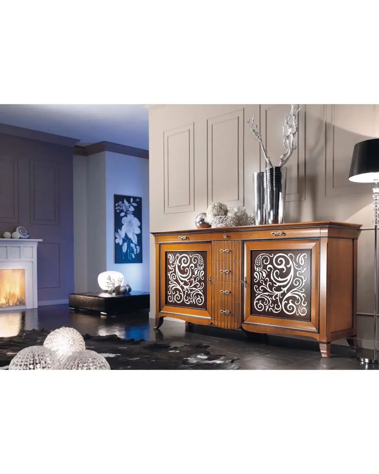 New Deco Sideboard with Silver Leaf Panels – Francesco Pasi New Decò, in a living room setting