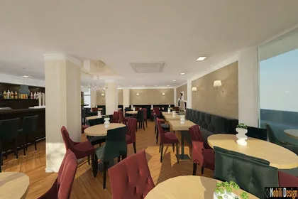 Innovative bar area with bold deep brown and black tones in a Mediterranean restaurant.