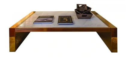 Italian designer Collier coffee table combining quilted suede fabric sides with a premium marble top.