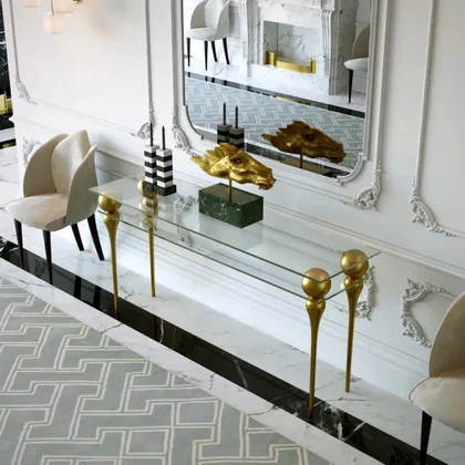 Sophisticated Lotus console table with a luxury glossy gold finish for high end Italian interiors, italian design furniture
