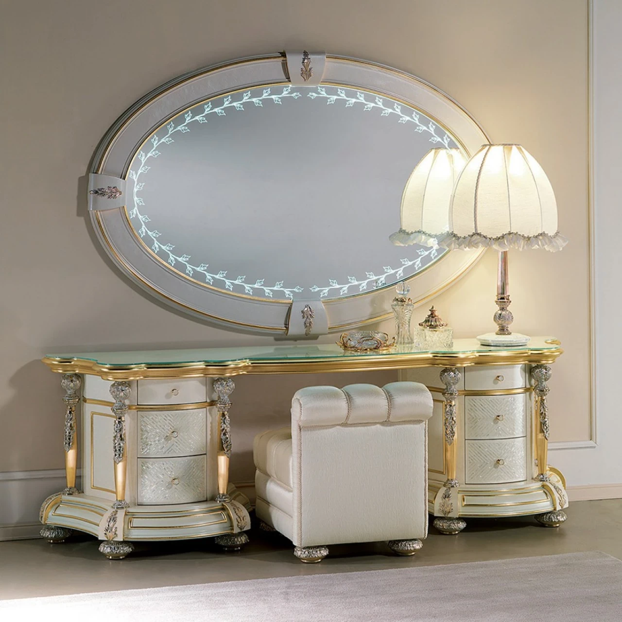 Dressing table with mother-of-pearl inlay, an oval lit mirror and a pouf, luxury European furniture